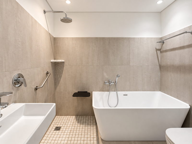 Modern bathroom featuring a sleek freestanding bathtub, wall-mounted basin, and accessible shower fixtures with neutral large-format wall tiling.