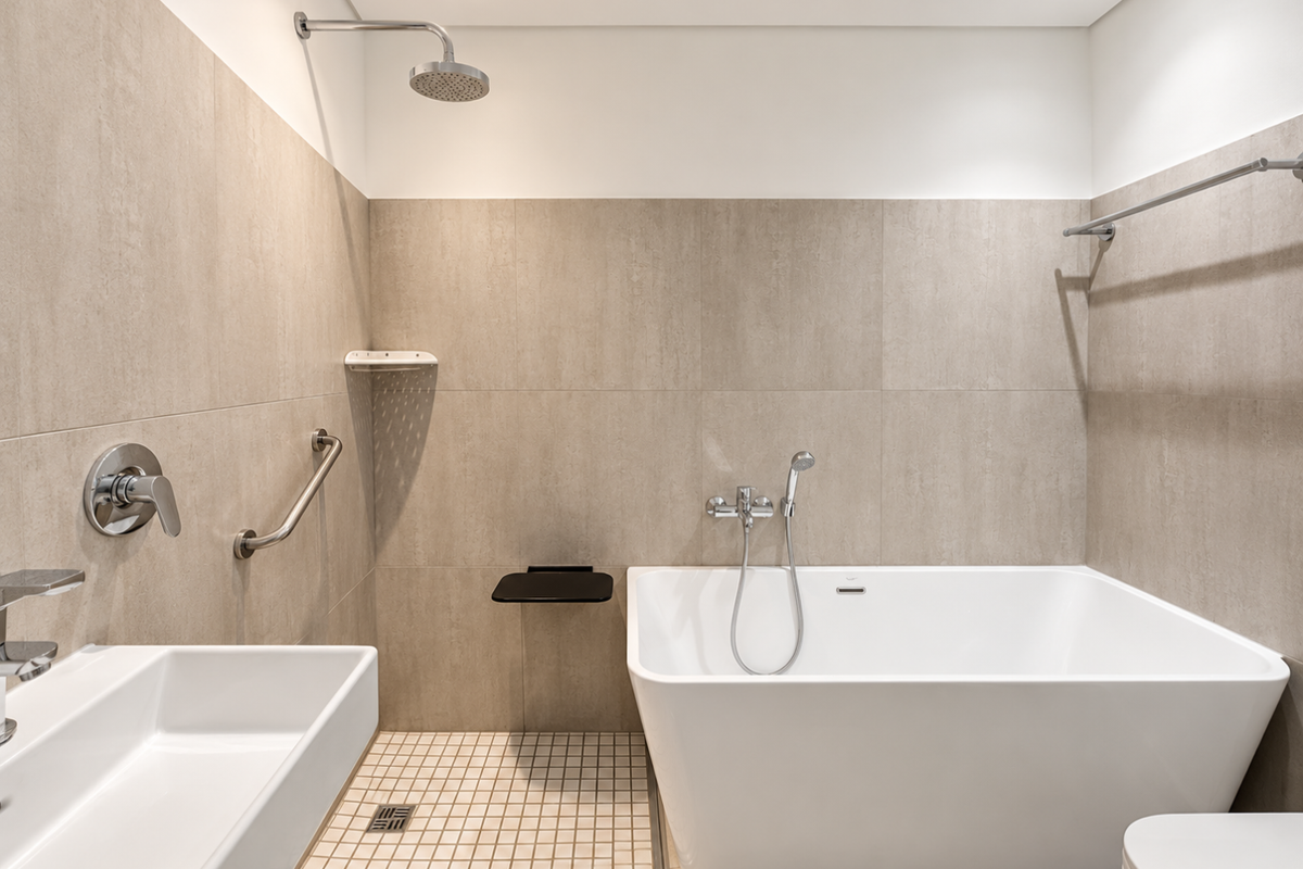 Modern bathroom featuring a sleek freestanding bathtub, wall-mounted basin, and accessible shower fixtures with neutral large-format wall tiling.