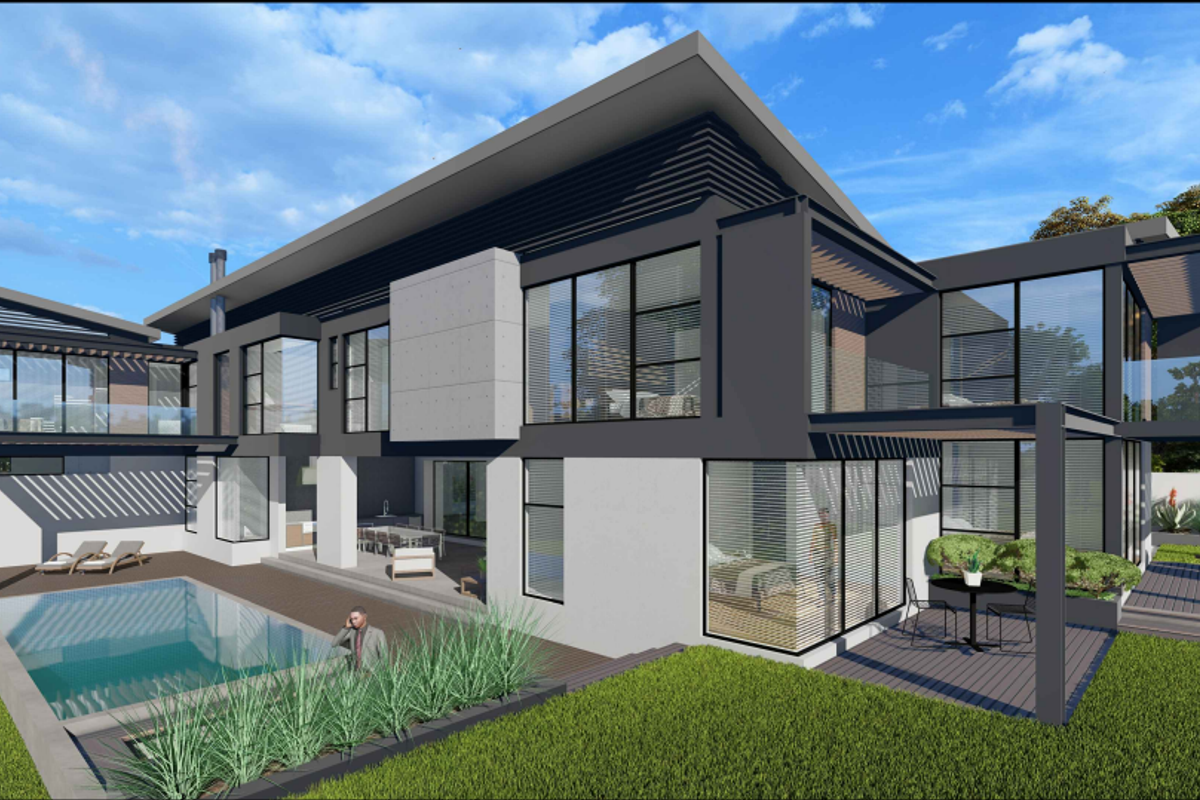 A modern architectural rendering of a luxury multi-level home featuring a swimming pool, expansive decking, and large glass windows.