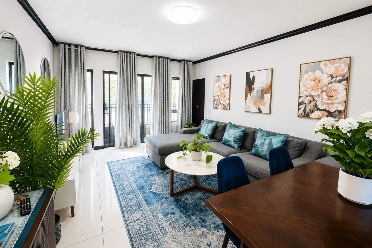 A bright and well-maintained living room featuring tiled flooring, crown molding, and large sliding glass doors that provide access to an outdoor area.