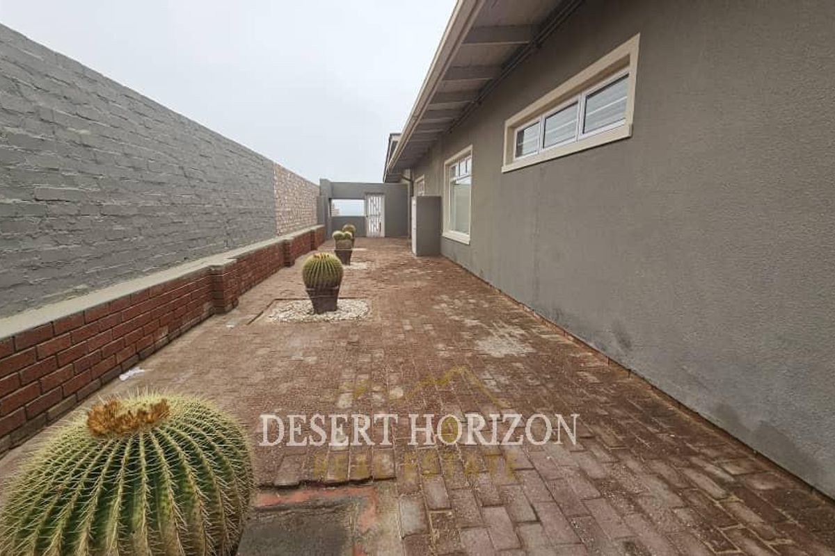 A paved side exterior area featuring a brick retaining wall, grey rendered facade, and established cacti in a low-maintenance outdoor space.