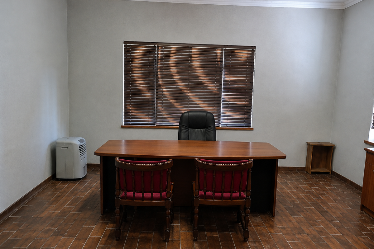 A professional office space featuring tiled flooring, crown molding, and venetian blinds, providing a clean and functional work environment.