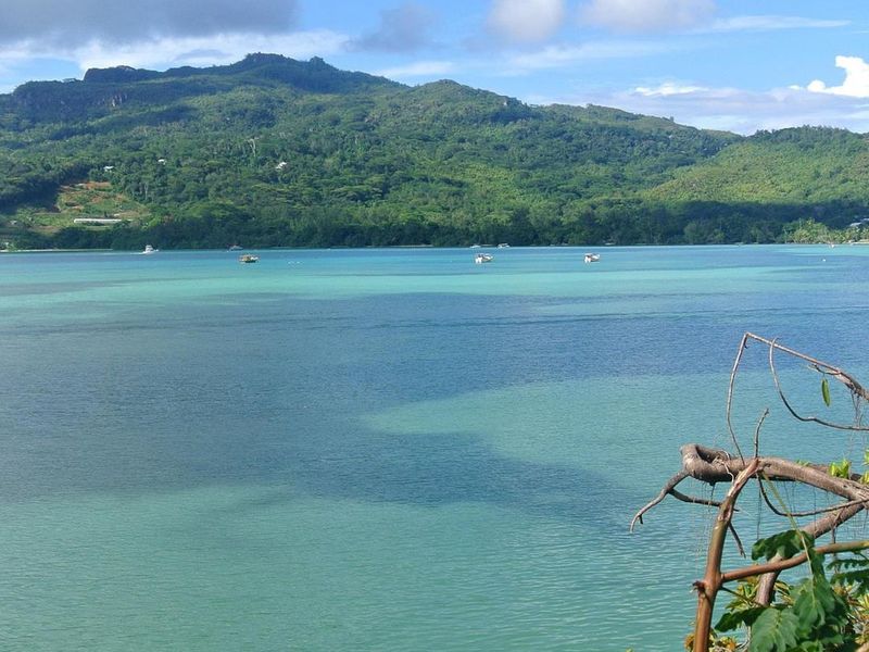 A scenic view overlooking a tranquil turquoise bay with lush green mountains in the background.