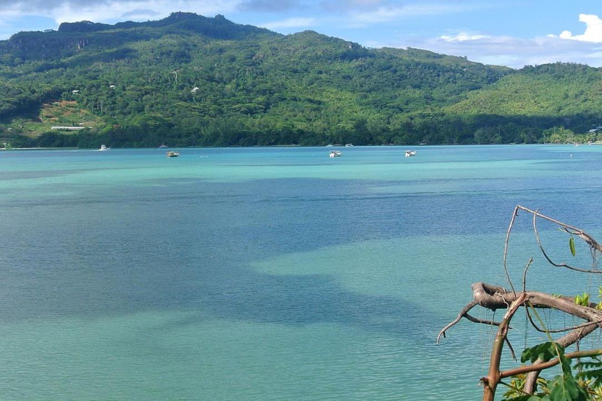 A scenic view overlooking a tranquil turquoise bay with lush green mountains in the background.