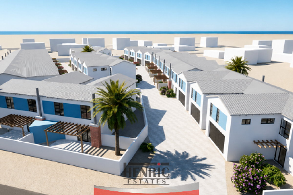 An aerial view of a modern townhouse development featuring pitched roofs, paved driveways, and private outdoor pergolas within a coastal estate setting.