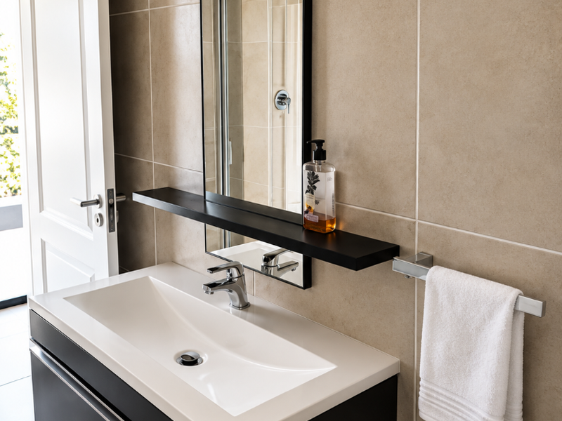 Modern bathroom featuring a sleek wall-mounted vanity with integrated basin, chrome fixtures, floating shelf, and neutral ceramic tiling throughout.