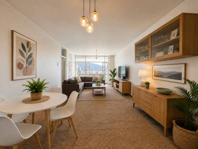A bright and spacious open-plan living and dining area featuring built-in cabinetry, modern pendant lighting, and large glass doors leading to a balcony.