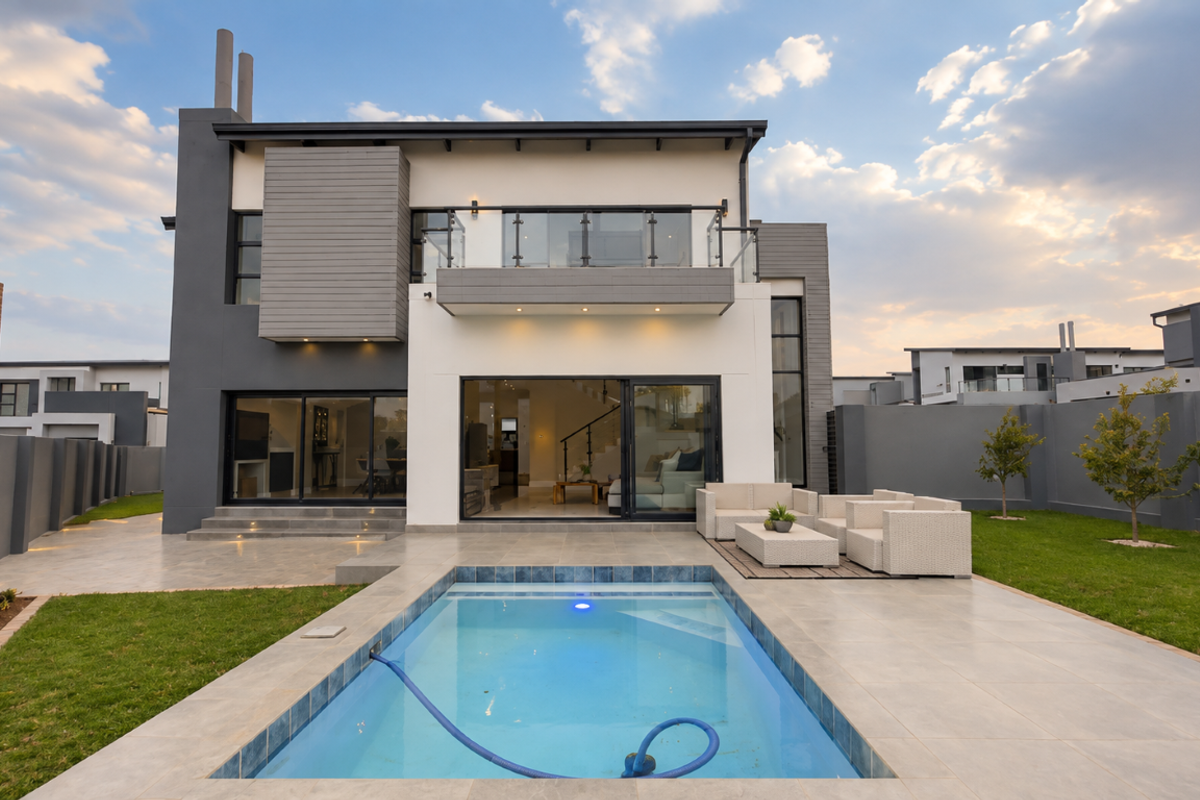 Modern double-story residence featuring a rear patio, swimming pool, landscaped garden, and a private balcony with glass balustrades.