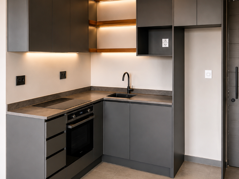 Modern, compact kitchen featuring matte grey cabinetry, integrated appliances, stone countertops, and warm LED accent lighting with floating timber shelving.