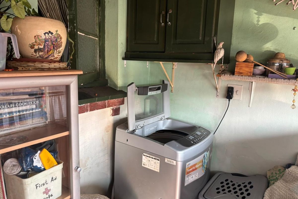 A laundry area featuring wall-mounted cabinetry and a window, showing signs of wear and requiring cosmetic updates to the wall finishes.