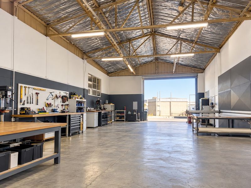 Spacious industrial workshop featuring high ceilings with exposed steel trusses, polished concrete flooring, and a large roller door for easy access.