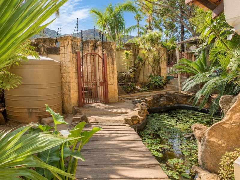 A landscaped garden area featuring a pond with a wooden footbridge, stone boundary walls, and a large water storage tank.
