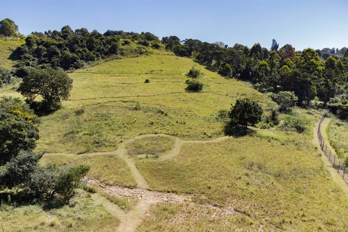 An aerial view of a large, undeveloped grassy plot of land with natural vegetation and perimeter fencing.