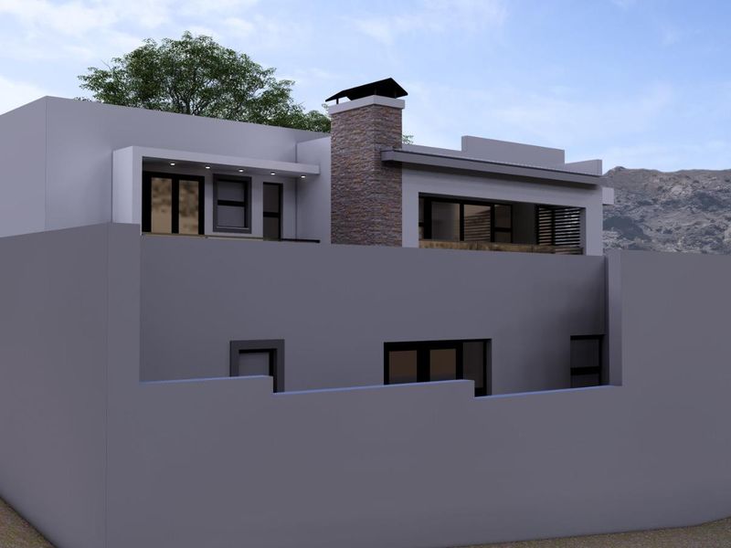 A modern architectural rendering of the rear elevation featuring a stone-clad chimney, balcony, and clean contemporary lines.