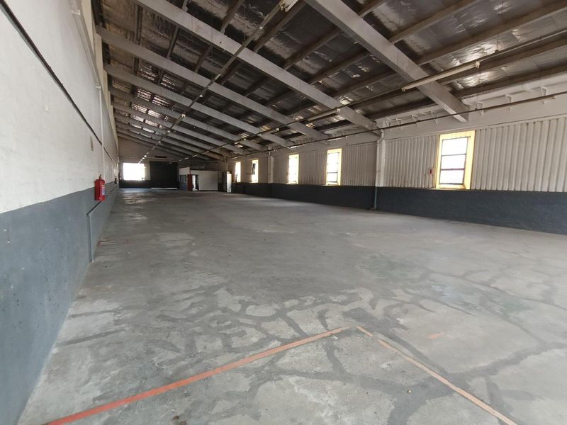 Spacious industrial warehouse unit featuring high ceilings with exposed steel trusses, concrete flooring, and natural light through side windows.