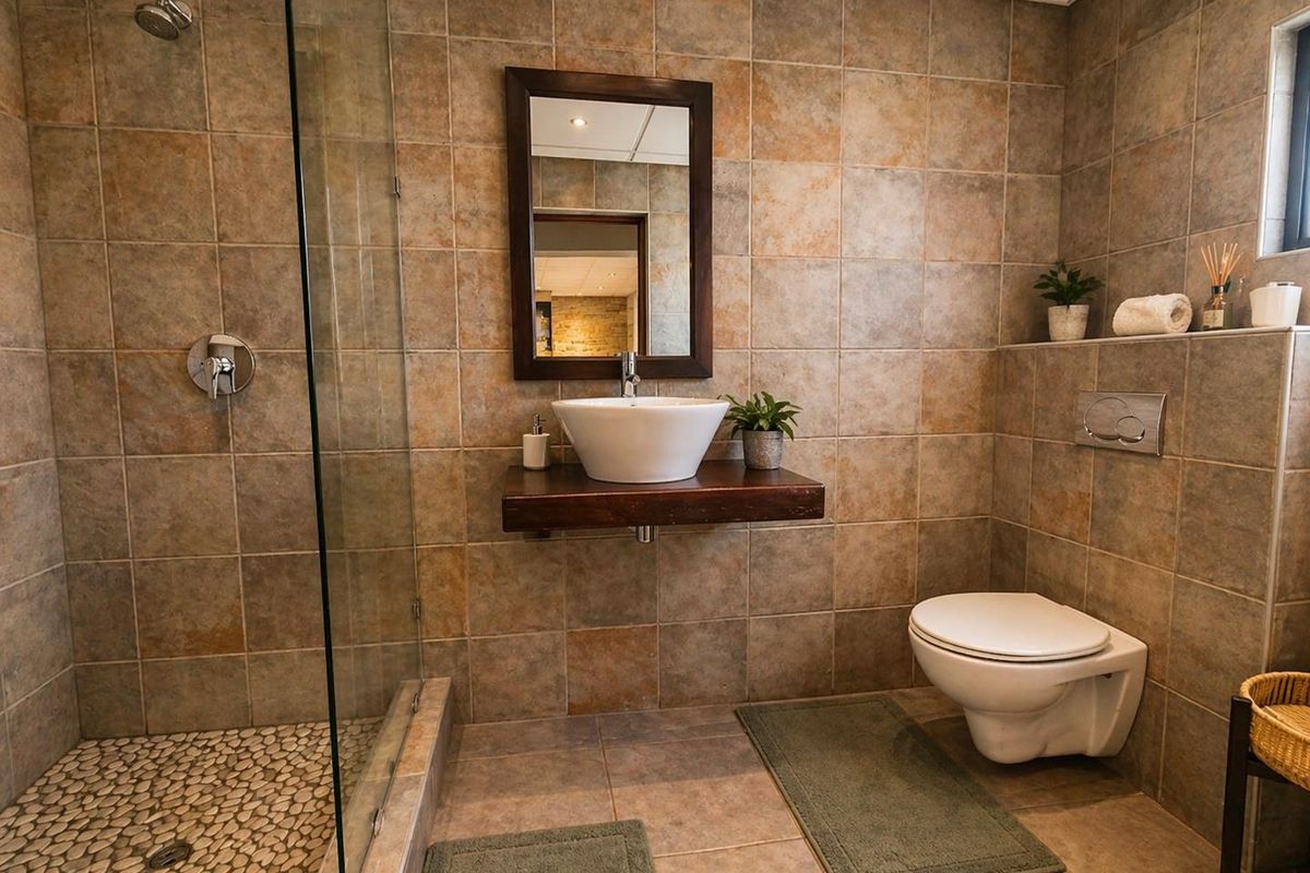 Modern bathroom featuring a glass-enclosed shower with pebble flooring, a wall-mounted toilet, and a vessel sink set on a floating wooden vanity shelf.