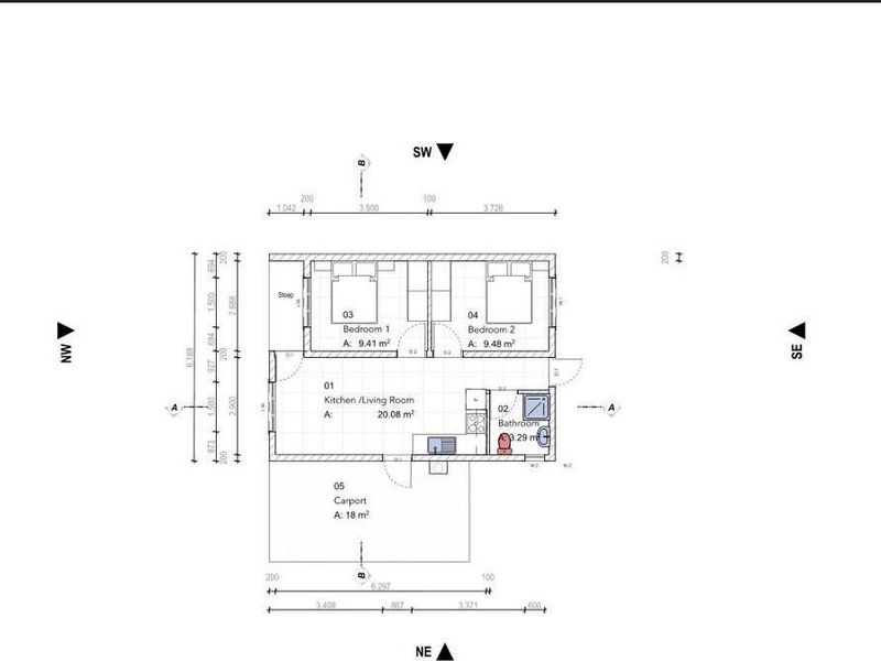 Architectural floor plan showing the layout of a two-bedroom townhouse with an open-plan kitchen, living area, bathroom, and carport.