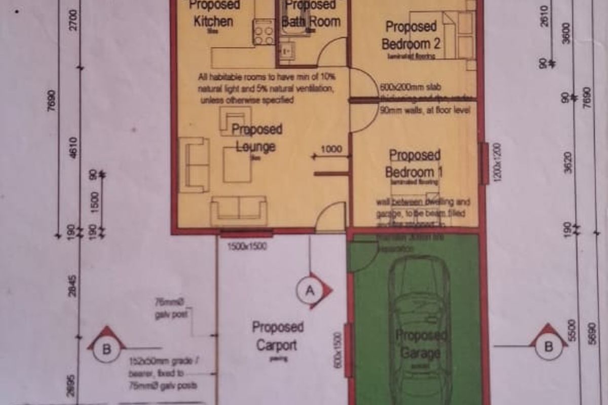 Architectural floor plan showing the proposed layout for a residential dwelling including kitchen, lounge, bedrooms, bathroom, garage, and covered braai area.