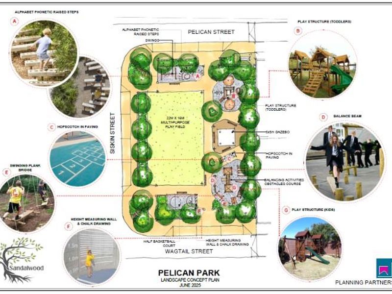A landscape concept plan for Pelican Park, detailing the layout of play fields, courts, and recreational structures.