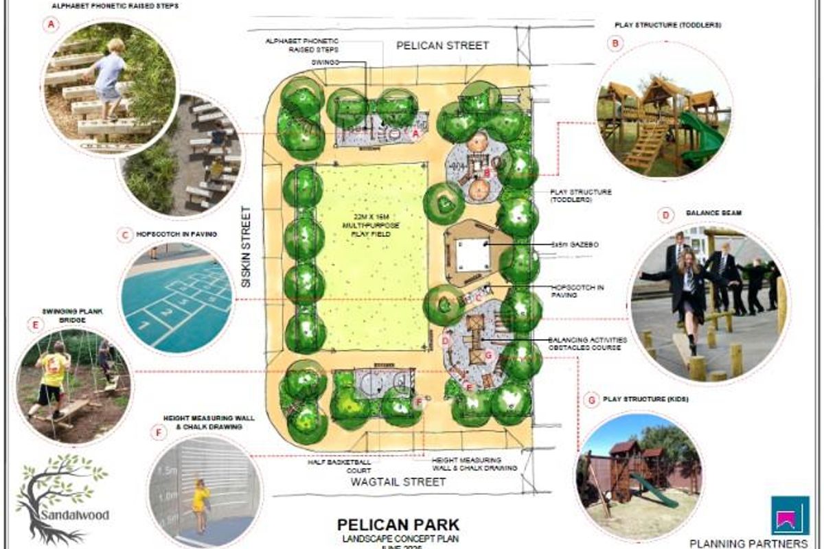 A landscape concept plan for Pelican Park, detailing the layout of play fields, courts, and recreational structures.