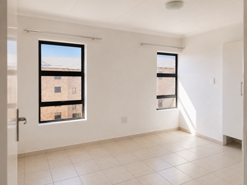 A bright, empty bedroom featuring neutral tiled flooring, built-in cupboard storage, and large windows with modern aluminium frames.