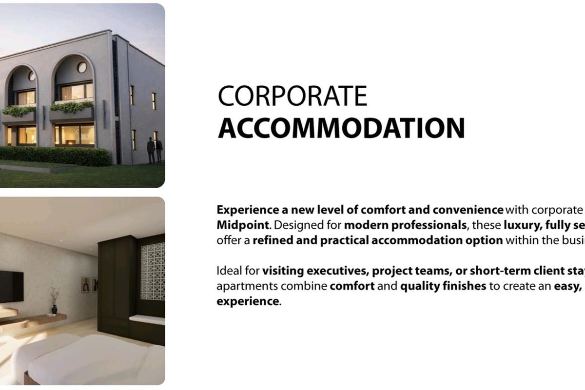 A professional presentation featuring a modern industrial-style building exterior and a high-end, contemporary bedroom interior with integrated cabinetry and sleek finishes.