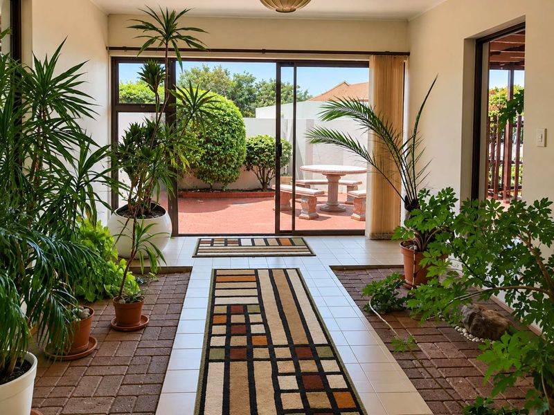 A bright, enclosed patio area featuring a combination of tiled and brick flooring, with large sliding glass doors opening onto an outdoor garden space.