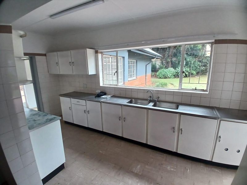 A functional, empty kitchen featuring white cabinetry, a stainless steel double sink, tiled splashbacks, and a large window overlooking the garden.