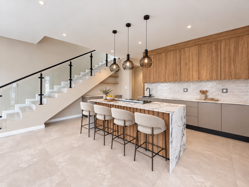 Modern kitchen featuring a marble waterfall island, wood-grain cabinetry, subway tile backsplash, and an adjacent staircase with a sleek glass balustrade.