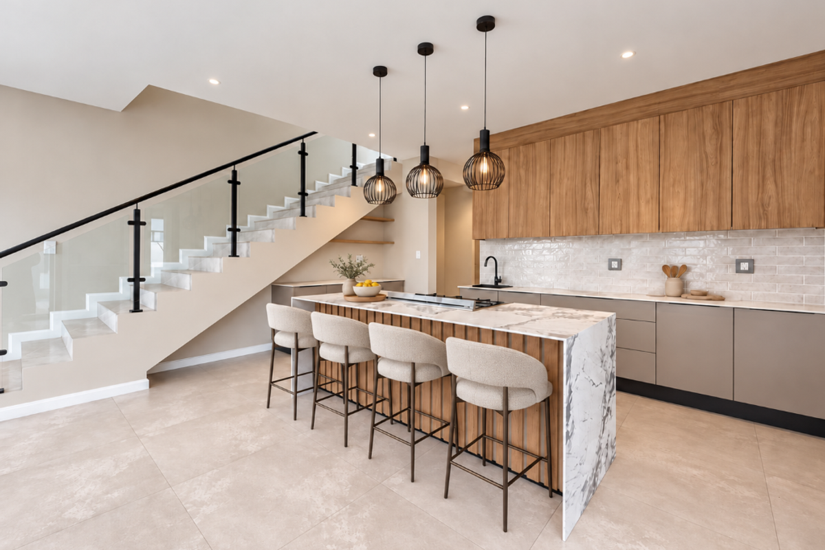 Modern kitchen featuring a marble waterfall island, wood-grain cabinetry, subway tile backsplash, and an adjacent staircase with a sleek glass balustrade.