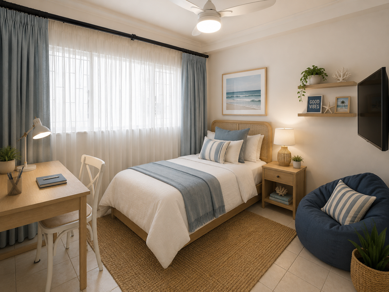 A well-lit bedroom featuring a ceiling fan, tiled flooring, and built-in wall shelving, offering a comfortable and functional living space.