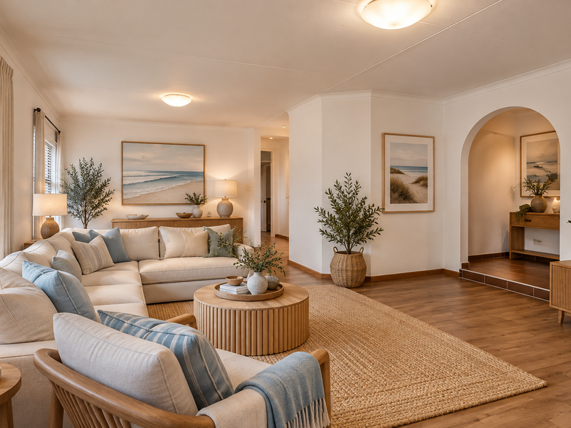 A bright and inviting living room featuring warm laminate flooring, a distinctive architectural archway, and neutral finishes throughout.