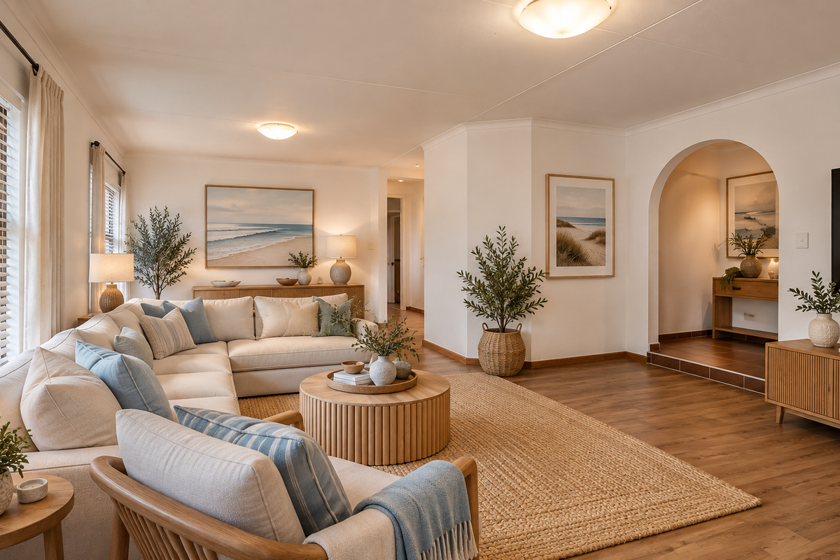A bright and inviting living room featuring warm laminate flooring, a distinctive architectural archway, and neutral finishes throughout.