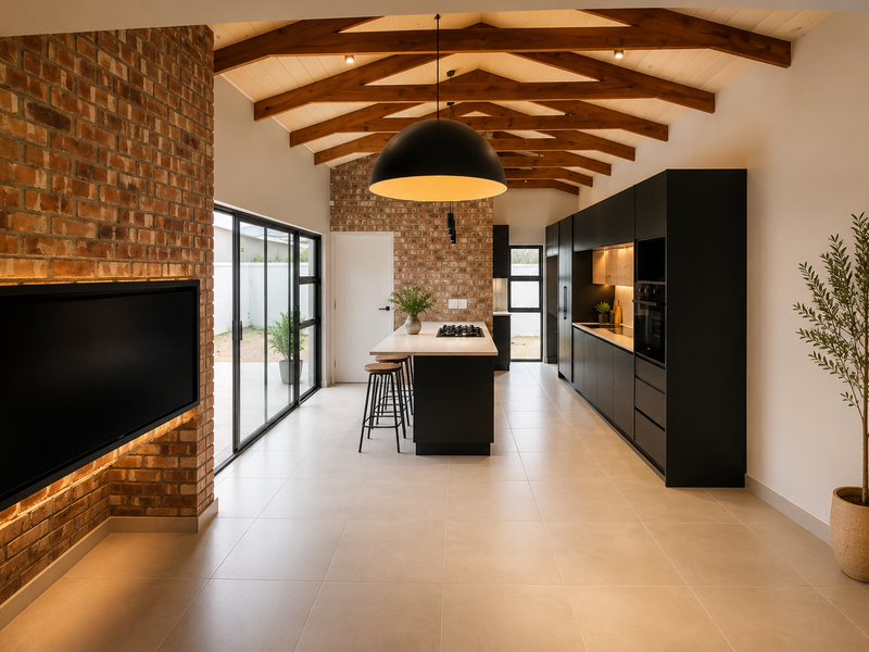 Modern open-plan living and kitchen area featuring exposed brick walls, timber roof trusses, sleek black cabinetry, and large sliding doors leading to the exterior.