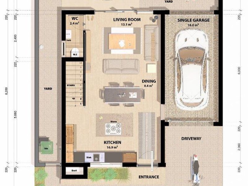 Ground floor plan for a 3-bedroom townhouse prototype, featuring an open-plan kitchen, living and dining area, single garage, and entertainment space.
