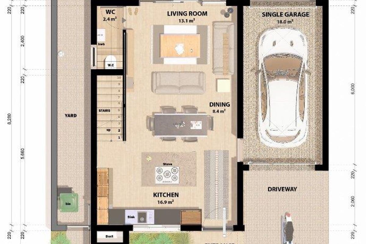 Ground floor plan for a 3-bedroom townhouse prototype, featuring an open-plan kitchen, living and dining area, single garage, and entertainment space.
