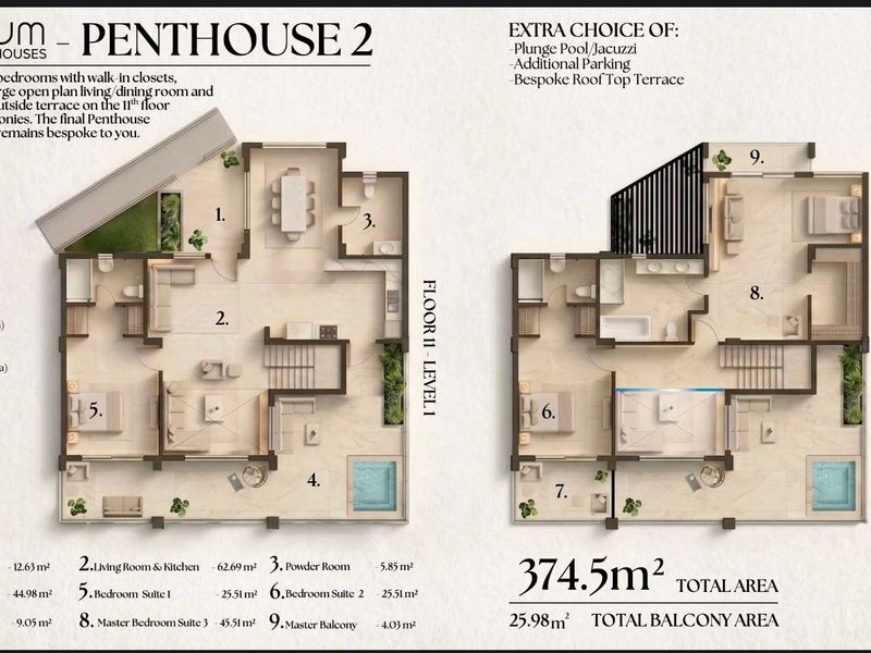 Architectural floor plan for a two-level penthouse suite featuring open-plan living areas, multiple bedroom suites, and private balcony spaces.