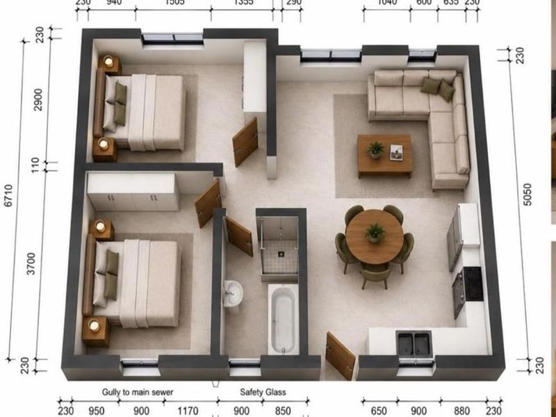 A detailed 3D floor plan of a 51m² net, 55m² gross two-bedroom apartment featuring an open-plan living, dining, and kitchen area.