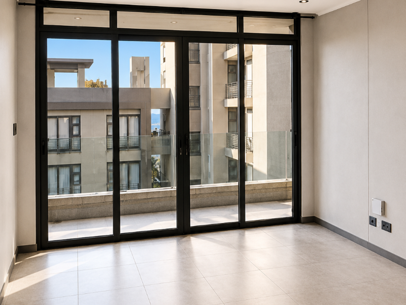 A bright, empty living area featuring large sliding glass doors that open to a balcony, complemented by modern tiled flooring and recessed downlights.