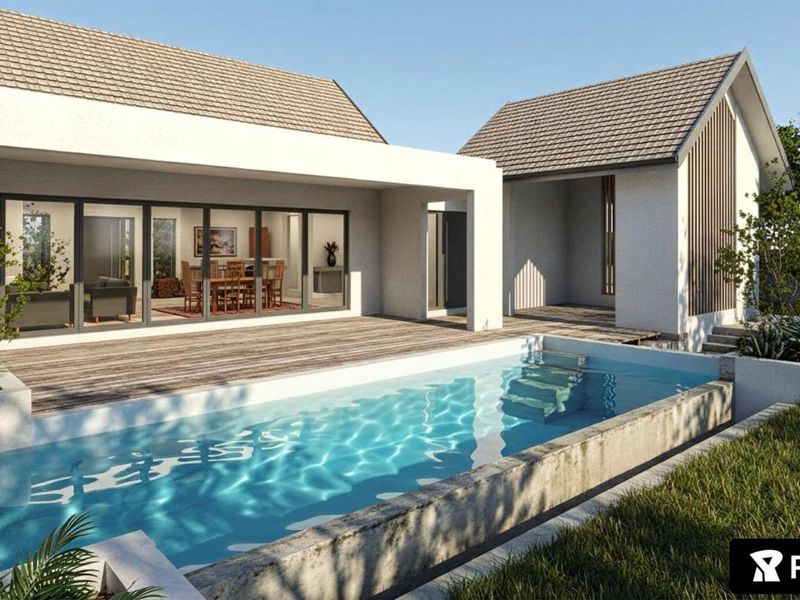 A modern architectural rendering of a rear exterior featuring a swimming pool, timber decking, and large glass sliding doors leading into the home.