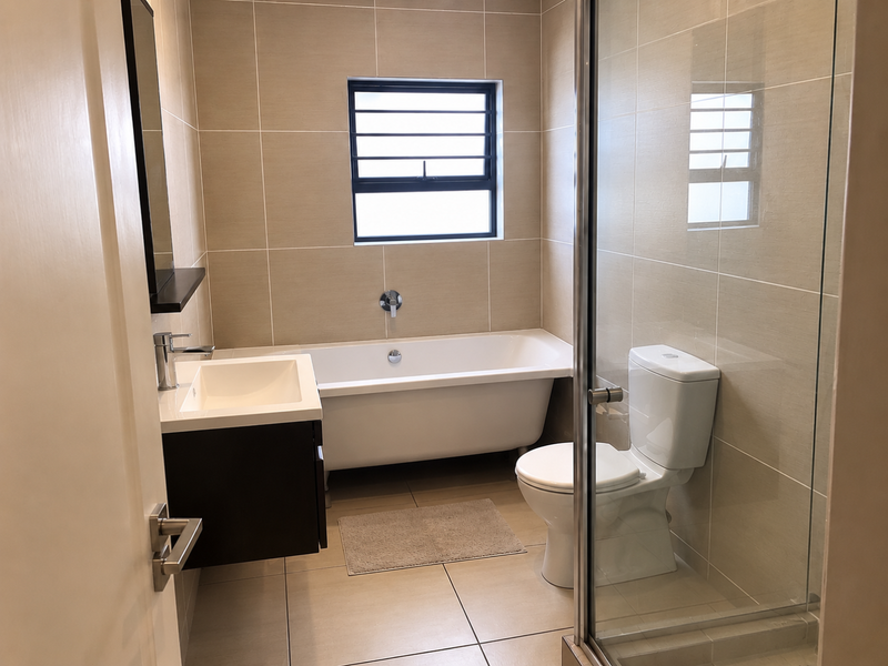 Modern bathroom featuring a freestanding bathtub, wall-mounted vanity with basin, toilet, and a separate glass-enclosed shower with neutral floor-to-ceiling tiling.