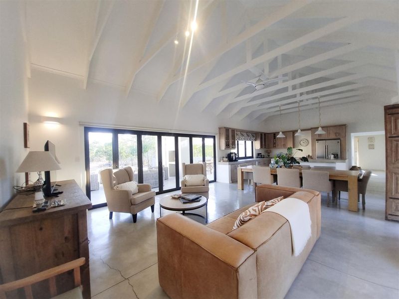 Spacious open-plan living and dining area featuring high vaulted ceilings with exposed rafters, polished concrete floors, and large bi-fold doors leading to the outdoors.