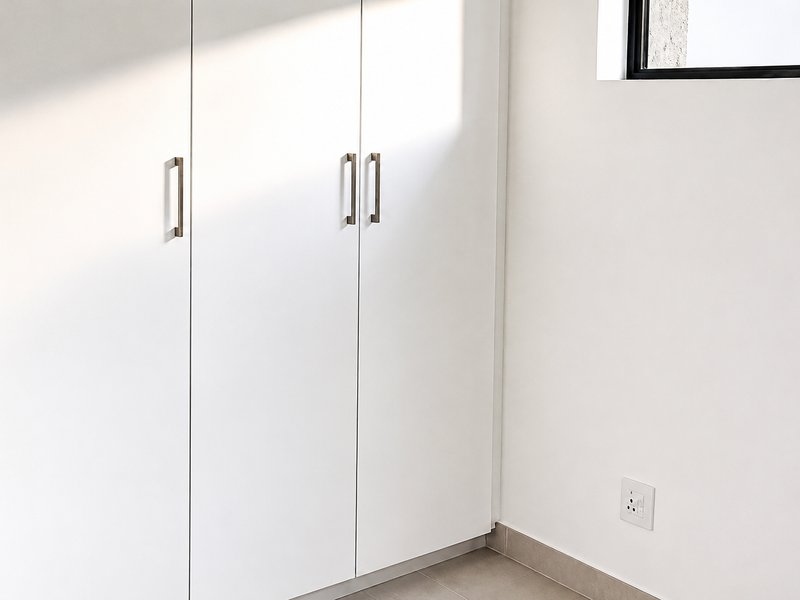 A clean, minimalist bedroom space featuring modern white built-in cupboards, neutral tiled flooring, and a functional electrical outlet.