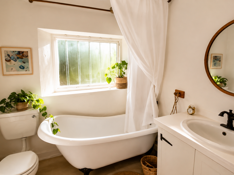 A bright and well-maintained bathroom featuring a classic freestanding bathtub, a modern vanity with integrated sink, and a round wall mirror.