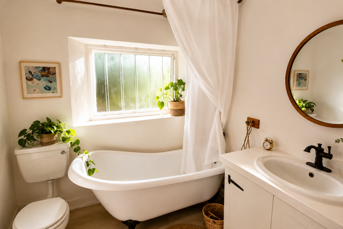 A bright and well-maintained bathroom featuring a classic freestanding bathtub, a modern vanity with integrated sink, and a round wall mirror.