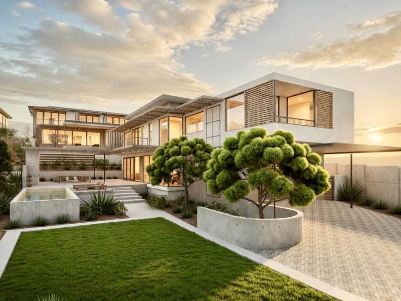 Modern multi-level residence featuring a swimming pool, landscaped garden, paved driveway, and expansive glass facades with timber architectural detailing.