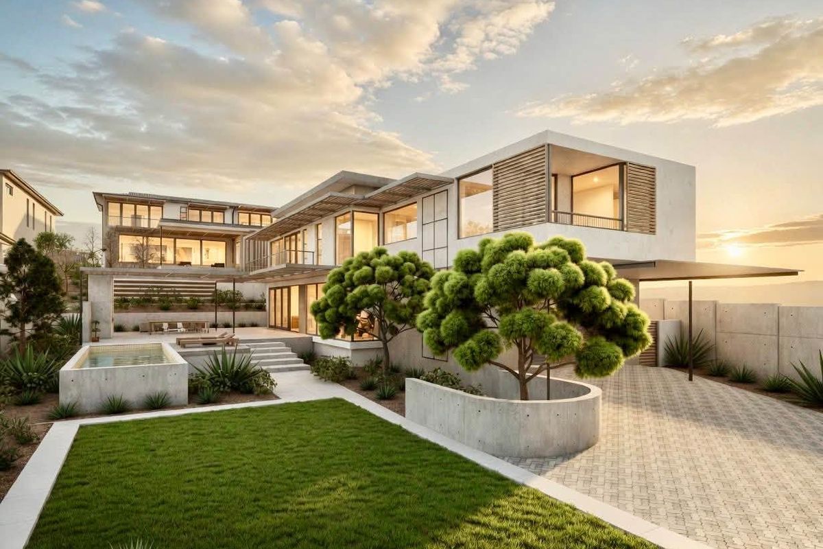Modern multi-level residence featuring a swimming pool, landscaped garden, paved driveway, and expansive glass facades with timber architectural detailing.