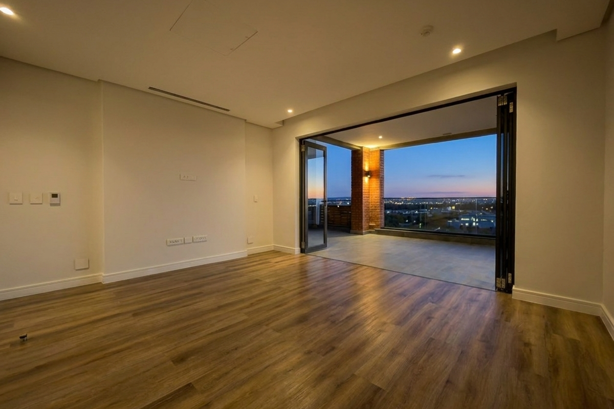 Spacious living area featuring modern wood-look flooring, recessed lighting, and large bi-fold doors opening onto a private balcony with scenic sunset views.