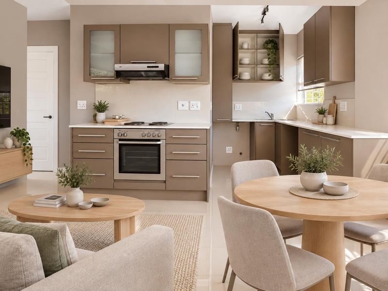 Modern open-plan living area featuring a well-appointed kitchen with built-in cabinetry, integrated appliances, and seamless flow into the dining and lounge space.