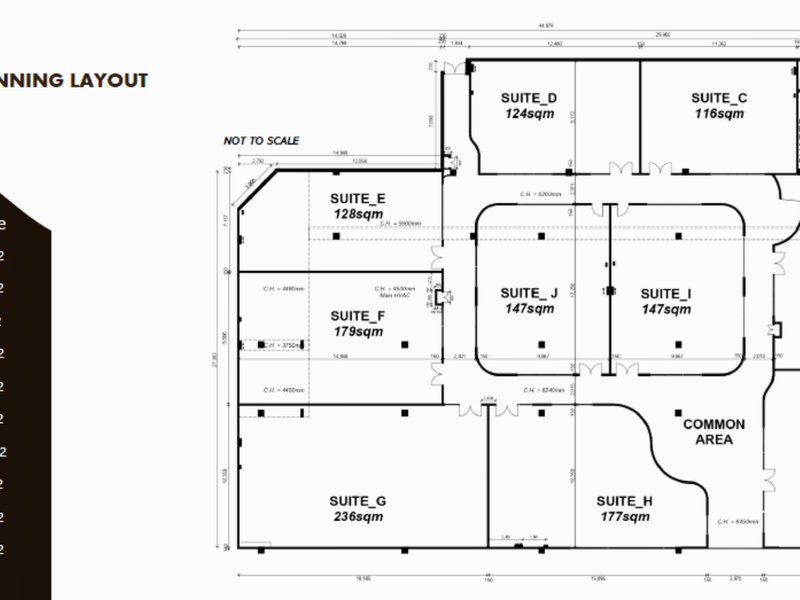 A detailed space planning layout for an office floor, showing various suites, a common area, and shared ablution facilities.